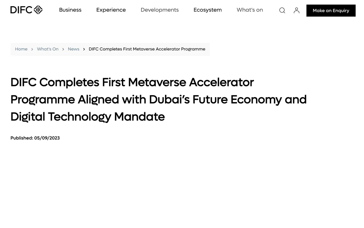 DIFC news page titled DIFC Completes First Metaverse Accelerator Programme