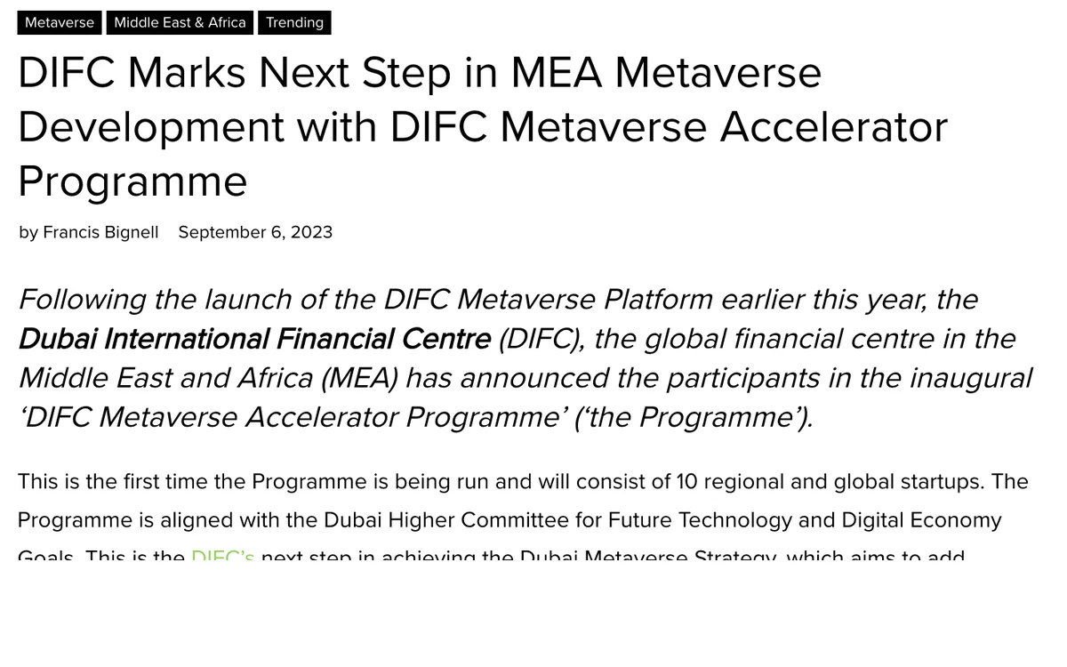 The Fintech Times article titled DIFC Marks Next Step in MEA Metaverse Development
