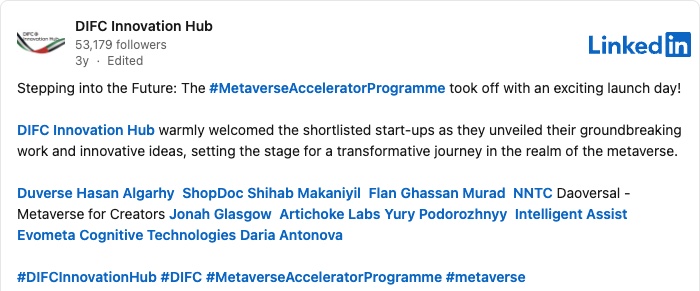Public LinkedIn launch-day post from DIFC Innovation Hub tagging Daria Antonova and the accelerator cohort